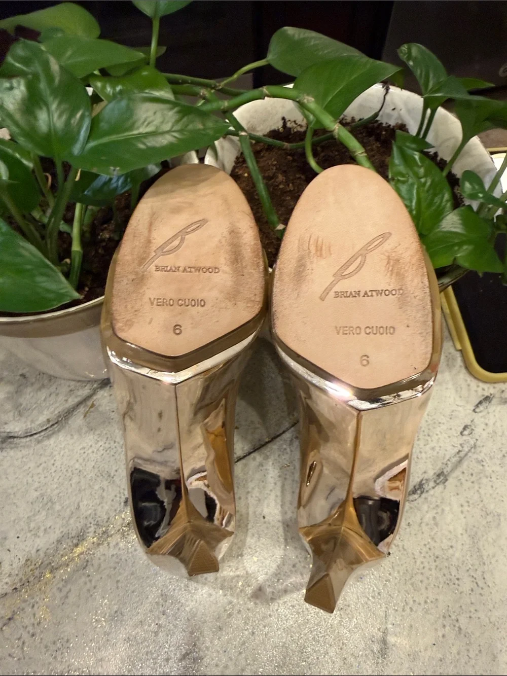 B Brian Atwood Nude Patent Platform Pumps with metallic Trim size 6